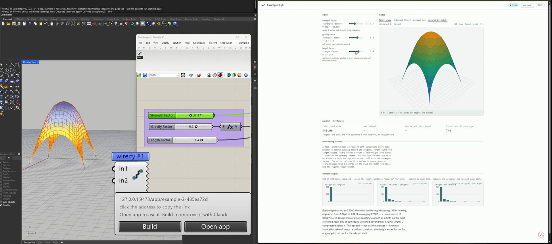 The companion page beside Rhino and Grasshopper: the strength factor reads 37.371 on the canvas slider and on the page, whose 3D view shows the relaxed shell coloured by height