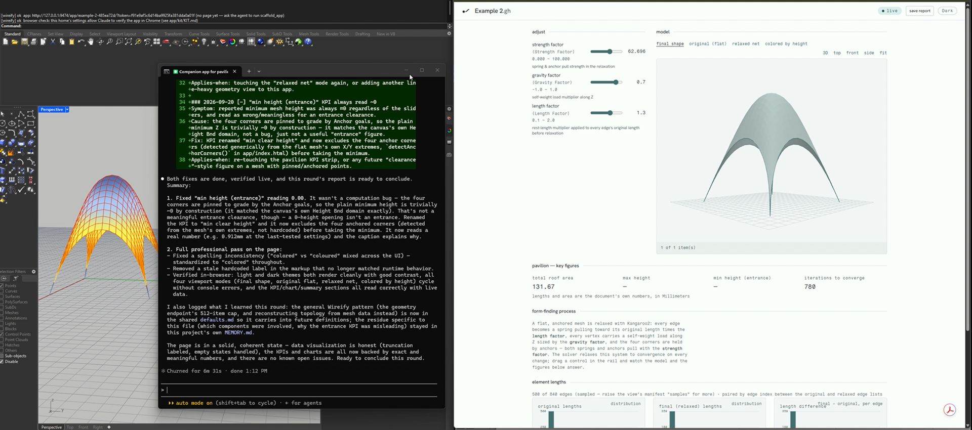 The Claude terminal over the canvas reporting two fixes to the page, a renamed key figure and a wording pass, while the page shows the relaxed net view